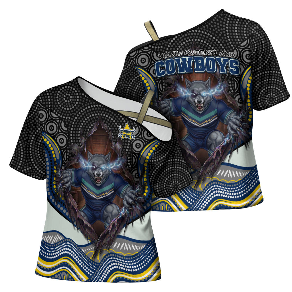 North Queensland Cowboys Cross Shoulder Shirt The Scream of Lightning Eyes - Indigenous Dot Ripping Effect