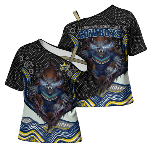 North Queensland Cowboys Cross Shoulder Shirt The Scream of Lightning Eyes - Indigenous Dot Ripping Effect