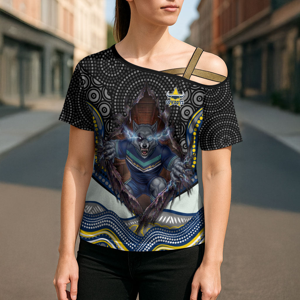 North Queensland Cowboys Cross Shoulder Shirt The Scream of Lightning Eyes - Indigenous Dot Ripping Effect