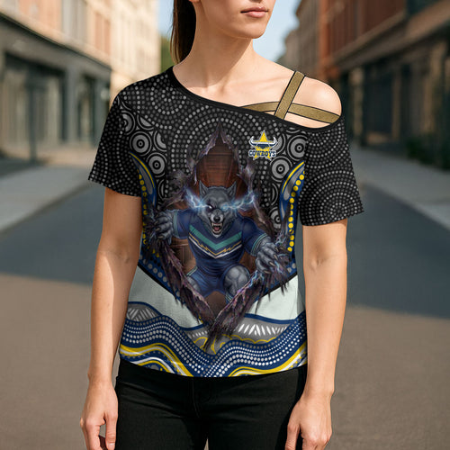 North Queensland Cowboys Cross Shoulder Shirt The Scream of Lightning Eyes - Indigenous Dot Ripping Effect