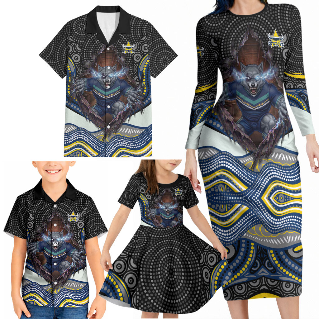 North Queensland Cowboys Family Matching Long Sleeve Bodycon Dress and Hawaiian Shirt The Scream of Lightning Eyes - Indigenous Dot Ripping Effect