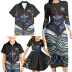 North Queensland Cowboys Family Matching Long Sleeve Bodycon Dress and Hawaiian Shirt The Scream of Lightning Eyes - Indigenous Dot Ripping Effect