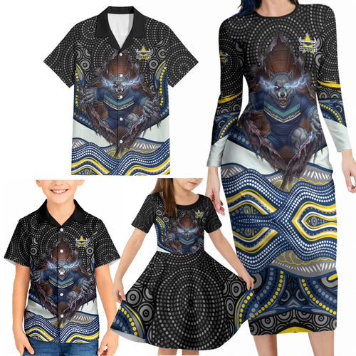 North Queensland Cowboys Family Matching Long Sleeve Bodycon Dress and Hawaiian Shirt The Scream of Lightning Eyes - Indigenous Dot Ripping Effect
