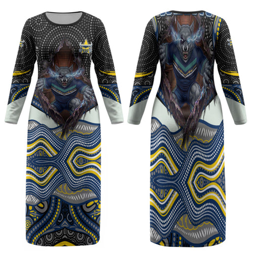 North Queensland Cowboys Family Matching Long Sleeve Bodycon Dress and Hawaiian Shirt The Scream of Lightning Eyes - Indigenous Dot Ripping Effect