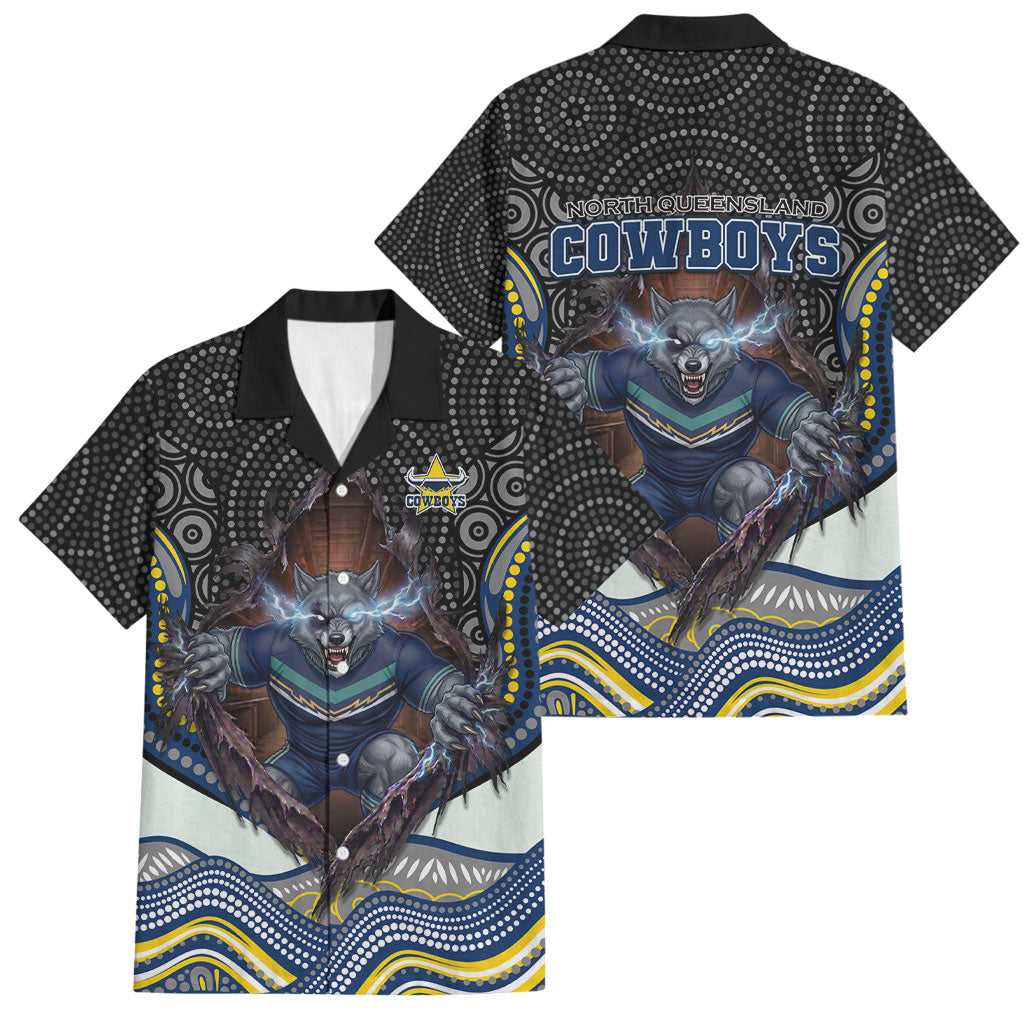 North Queensland Cowboys Family Matching Long Sleeve Bodycon Dress and Hawaiian Shirt The Scream of Lightning Eyes - Indigenous Dot Ripping Effect