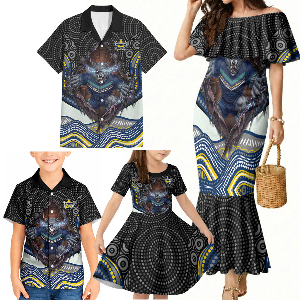 North Queensland Cowboys Family Matching Mermaid Dress and Hawaiian Shirt The Scream of Lightning Eyes - Indigenous Dot Ripping Effect