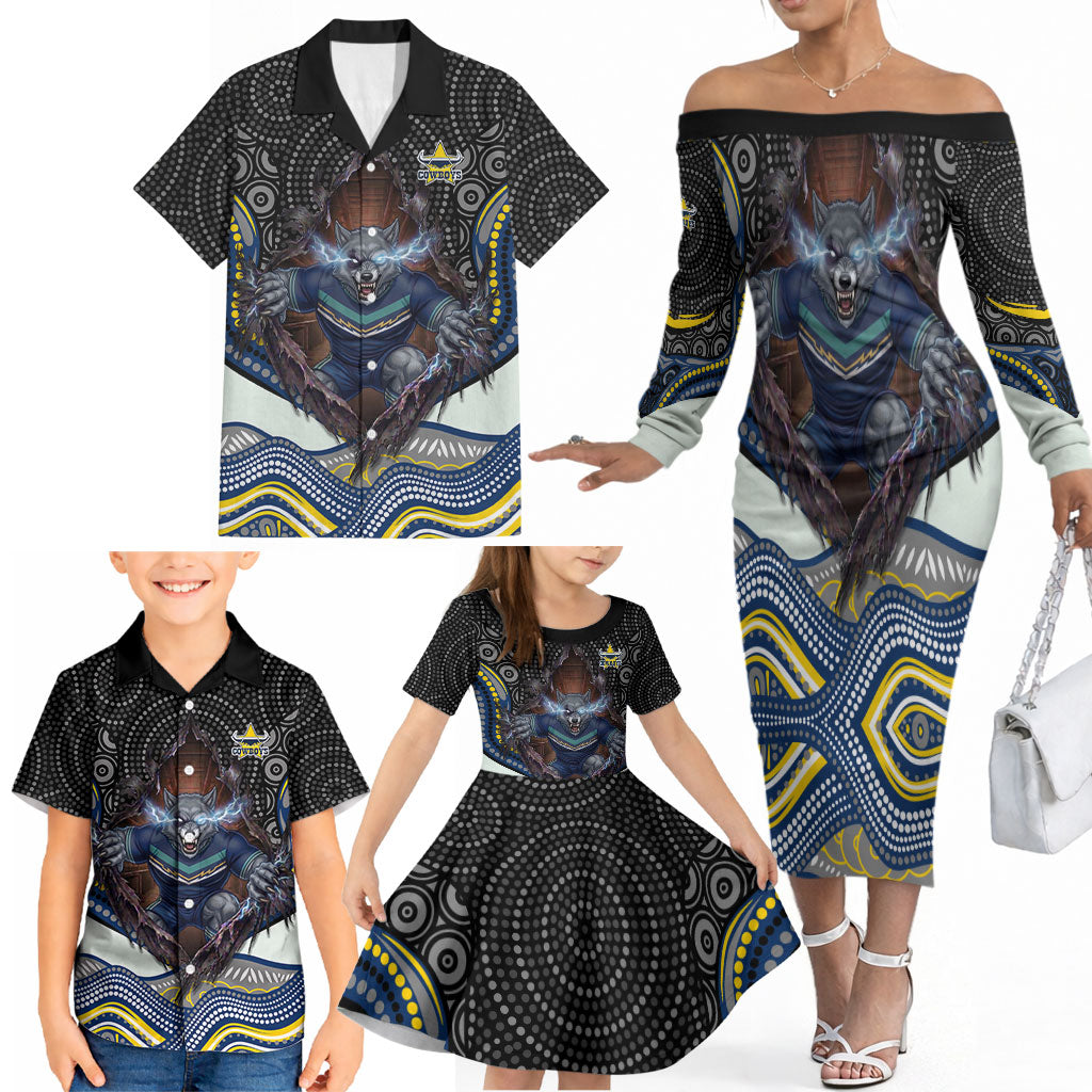 North Queensland Cowboys Family Matching Off The Shoulder Long Sleeve Dress and Hawaiian Shirt The Scream of Lightning Eyes - Indigenous Dot Ripping Effect