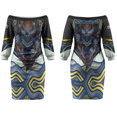 North Queensland Cowboys Family Matching Off The Shoulder Long Sleeve Dress and Hawaiian Shirt The Scream of Lightning Eyes - Indigenous Dot Ripping Effect