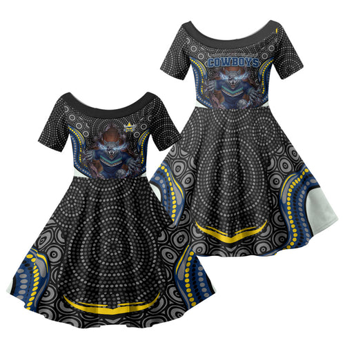 North Queensland Cowboys Family Matching Off The Shoulder Long Sleeve Dress and Hawaiian Shirt The Scream of Lightning Eyes - Indigenous Dot Ripping Effect