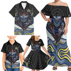 North Queensland Cowboys Family Matching Off Shoulder Maxi Dress and Hawaiian Shirt The Scream of Lightning Eyes - Indigenous Dot Ripping Effect