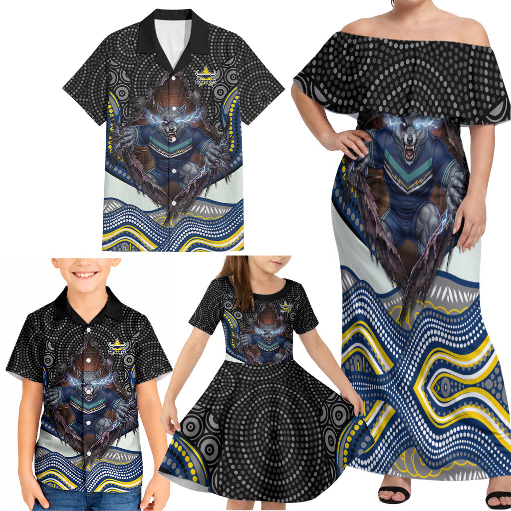 North Queensland Cowboys Family Matching Off Shoulder Maxi Dress and Hawaiian Shirt The Scream of Lightning Eyes - Indigenous Dot Ripping Effect