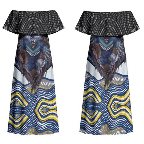 North Queensland Cowboys Family Matching Off Shoulder Maxi Dress and Hawaiian Shirt The Scream of Lightning Eyes - Indigenous Dot Ripping Effect