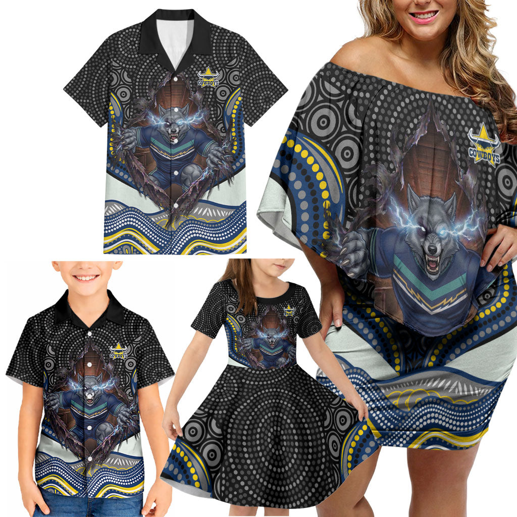 North Queensland Cowboys Family Matching Off Shoulder Short Dress and Hawaiian Shirt The Scream of Lightning Eyes - Indigenous Dot Ripping Effect
