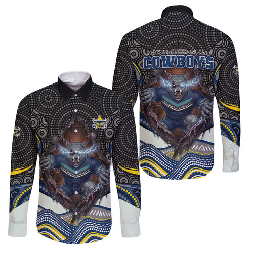 North Queensland Cowboys Family Matching Off Shoulder Short Dress and Hawaiian Shirt The Scream of Lightning Eyes - Indigenous Dot Ripping Effect