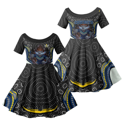 North Queensland Cowboys Family Matching Off Shoulder Short Dress and Hawaiian Shirt The Scream of Lightning Eyes - Indigenous Dot Ripping Effect