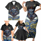 North Queensland Cowboys Family Matching Short Sleeve Bodycon Dress and Hawaiian Shirt The Scream of Lightning Eyes - Indigenous Dot Ripping Effect