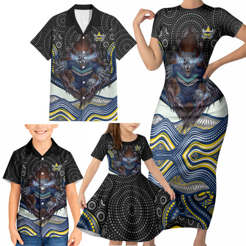 North Queensland Cowboys Family Matching Short Sleeve Bodycon Dress and Hawaiian Shirt The Scream of Lightning Eyes - Indigenous Dot Ripping Effect