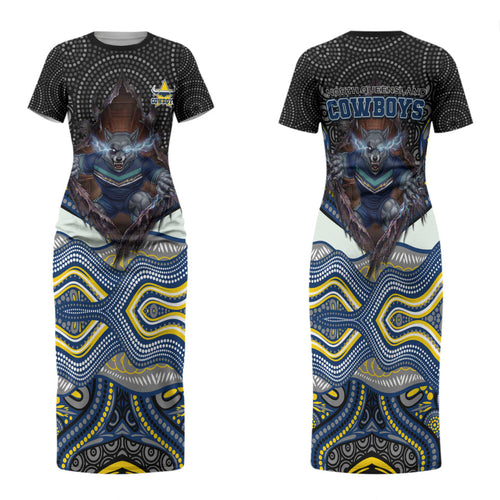 North Queensland Cowboys Family Matching Short Sleeve Bodycon Dress and Hawaiian Shirt The Scream of Lightning Eyes - Indigenous Dot Ripping Effect