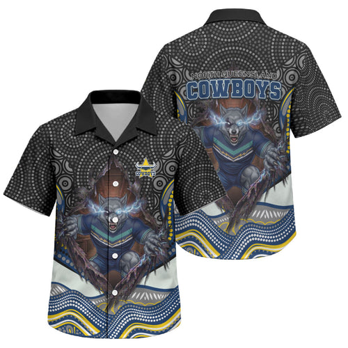 North Queensland Cowboys Family Matching Short Sleeve Bodycon Dress and Hawaiian Shirt The Scream of Lightning Eyes - Indigenous Dot Ripping Effect