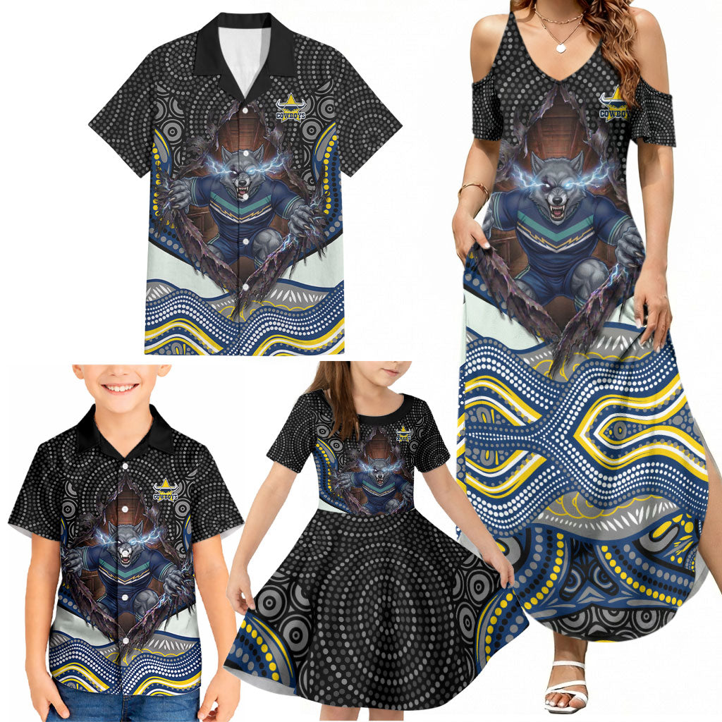North Queensland Cowboys Family Matching Summer Maxi Dress and Hawaiian Shirt The Scream of Lightning Eyes - Indigenous Dot Ripping Effect