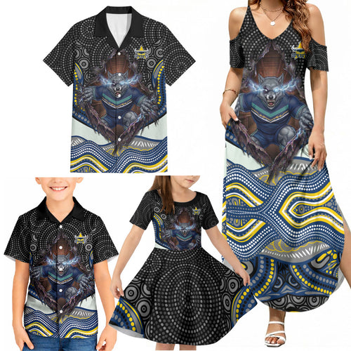North Queensland Cowboys Family Matching Summer Maxi Dress and Hawaiian Shirt The Scream of Lightning Eyes - Indigenous Dot Ripping Effect