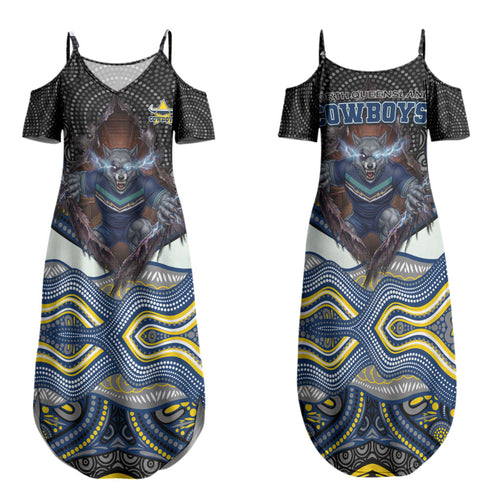 North Queensland Cowboys Family Matching Summer Maxi Dress and Hawaiian Shirt The Scream of Lightning Eyes - Indigenous Dot Ripping Effect