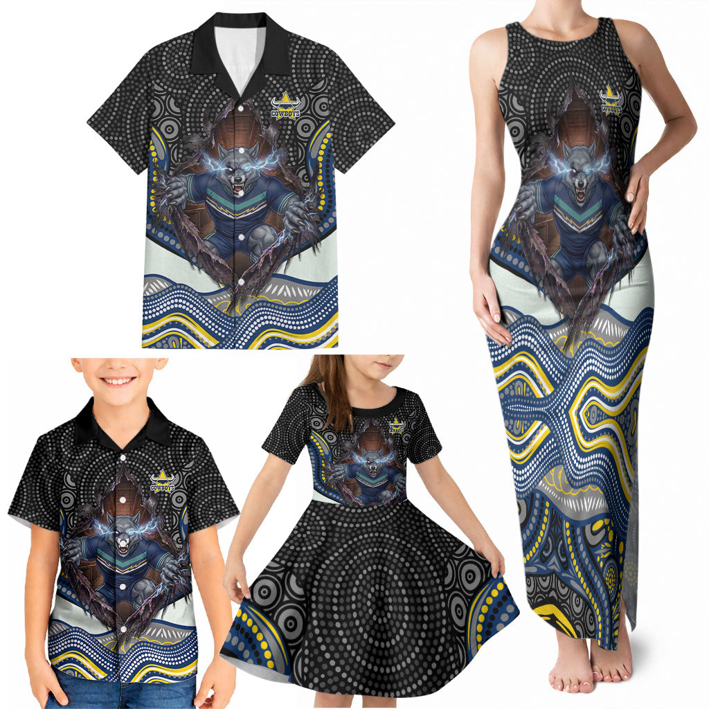 North Queensland Cowboys Family Matching Tank Maxi Dress and Hawaiian Shirt The Scream of Lightning Eyes - Indigenous Dot Ripping Effect