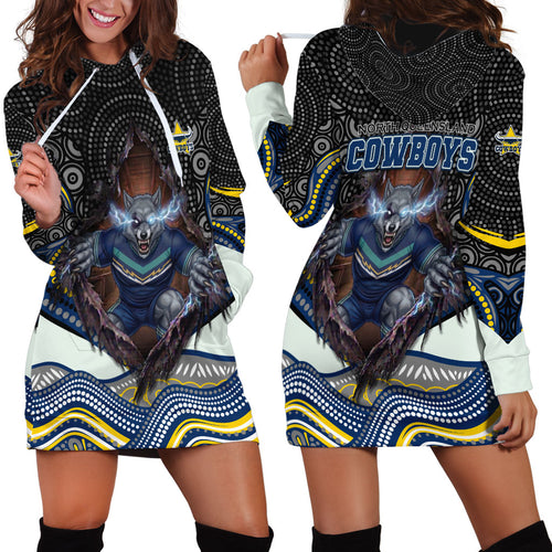 North Queensland Cowboys Hoodie Dress The Scream of Lightning Eyes - Indigenous Dot Ripping Effect
