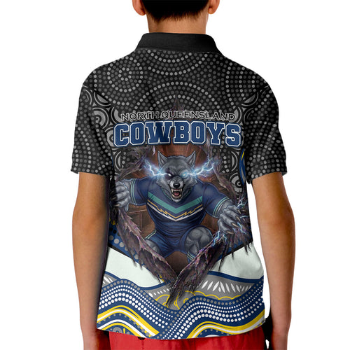 North Queensland Cowboys Kid Polo Shirt The Scream of Lightning Eyes - Indigenous Dot Ripping Effect