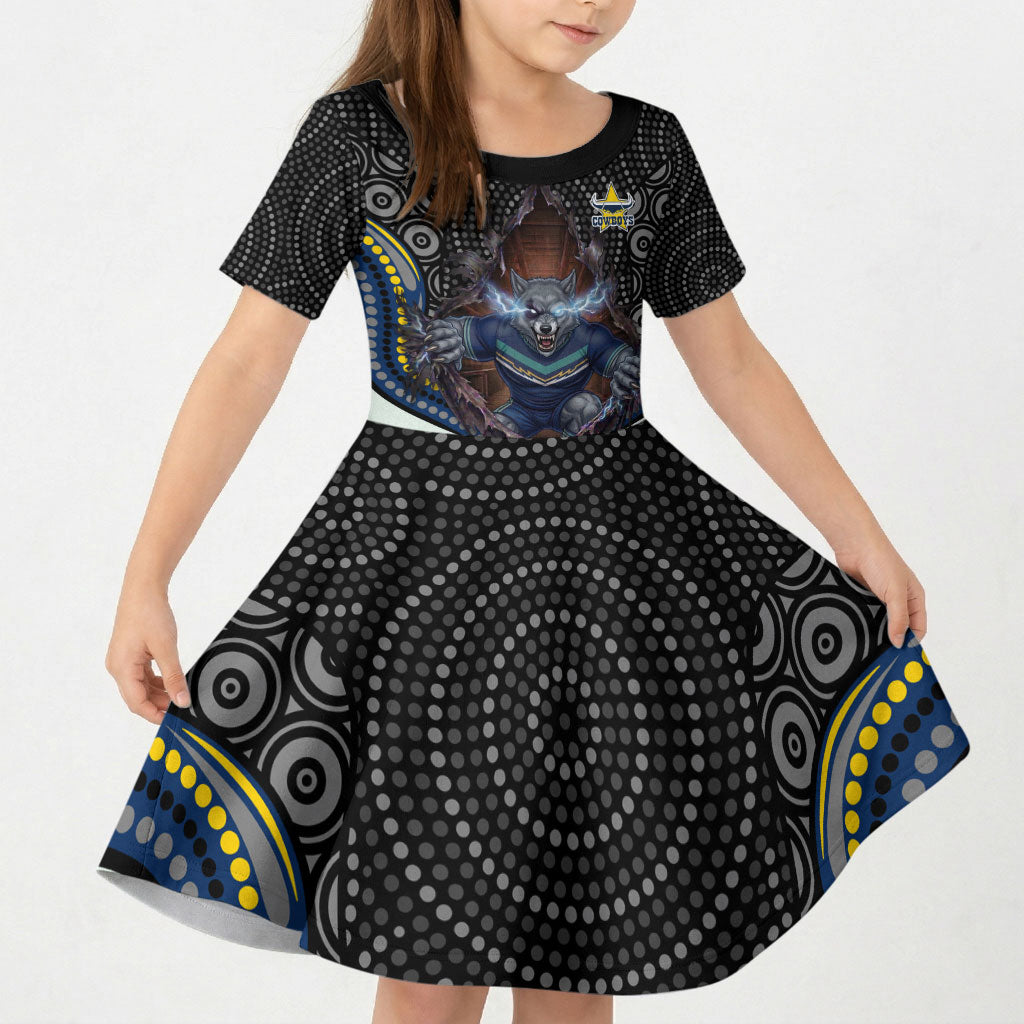 North Queensland Cowboys Kid Short Sleeve Dress The Scream of Lightning Eyes - Indigenous Dot Ripping Effect