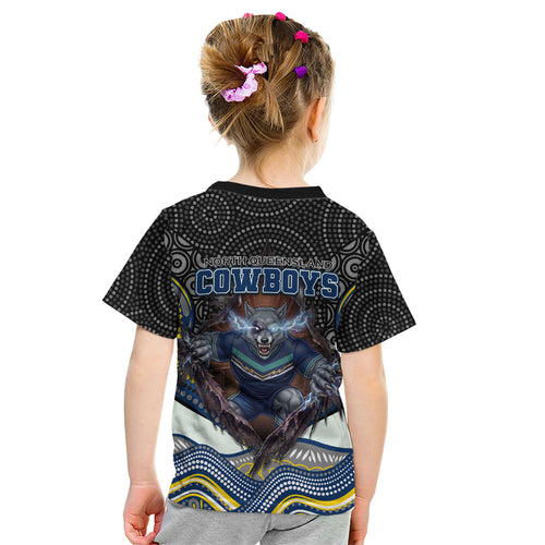 North Queensland Cowboys Kid T Shirt The Scream of Lightning Eyes - Indigenous Dot Ripping Effect