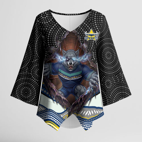 North Queensland Cowboys Kimono Sleeve Blouse The Scream of Lightning Eyes - Indigenous Dot Ripping Effect