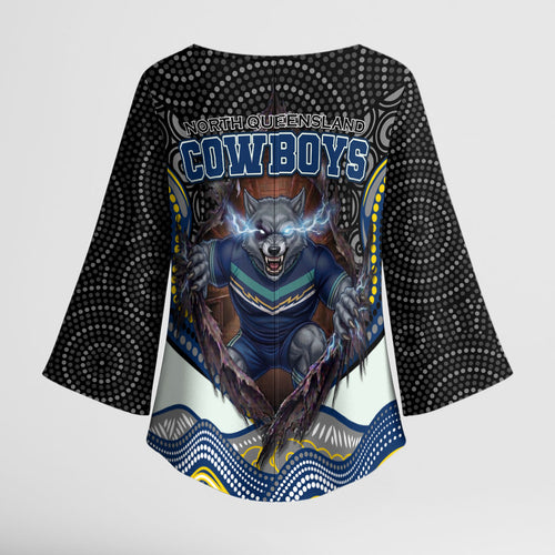 North Queensland Cowboys Kimono Sleeve Blouse The Scream of Lightning Eyes - Indigenous Dot Ripping Effect