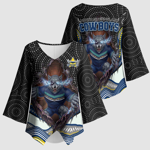 North Queensland Cowboys Kimono Sleeve Blouse The Scream of Lightning Eyes - Indigenous Dot Ripping Effect