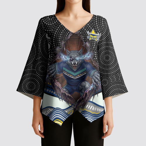 North Queensland Cowboys Kimono Sleeve Blouse The Scream of Lightning Eyes - Indigenous Dot Ripping Effect