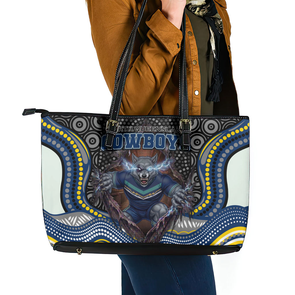North Queensland Cowboys Leather Tote Bag The Scream of Lightning Eyes - Indigenous Dot Ripping Effect