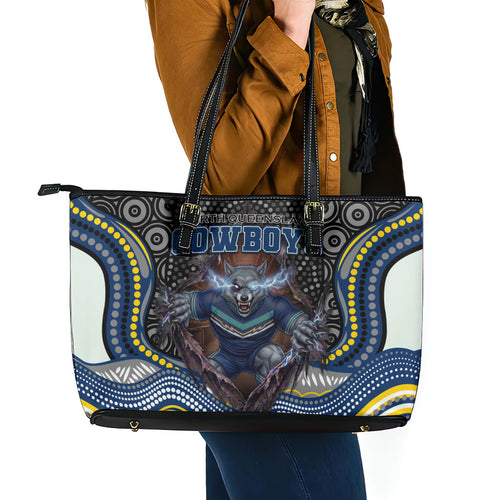 North Queensland Cowboys Leather Tote Bag The Scream of Lightning Eyes - Indigenous Dot Ripping Effect