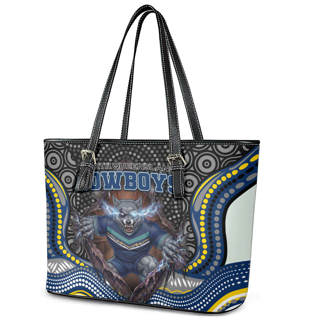 North Queensland Cowboys Leather Tote Bag The Scream of Lightning Eyes - Indigenous Dot Ripping Effect