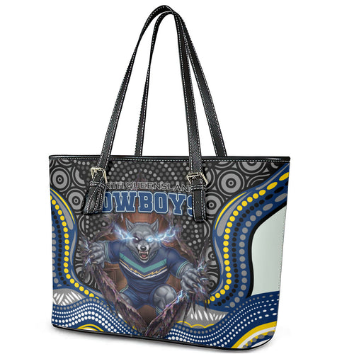 North Queensland Cowboys Leather Tote Bag The Scream of Lightning Eyes - Indigenous Dot Ripping Effect