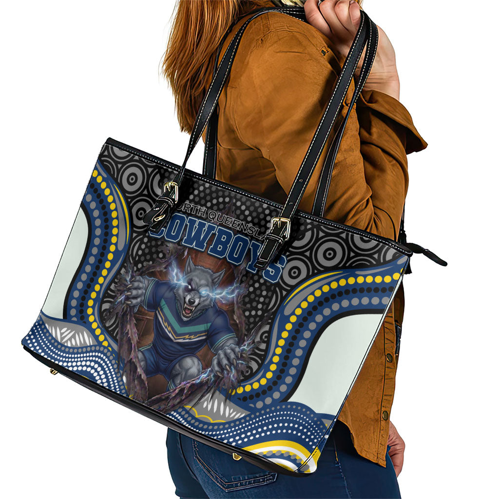 North Queensland Cowboys Leather Tote Bag The Scream of Lightning Eyes - Indigenous Dot Ripping Effect