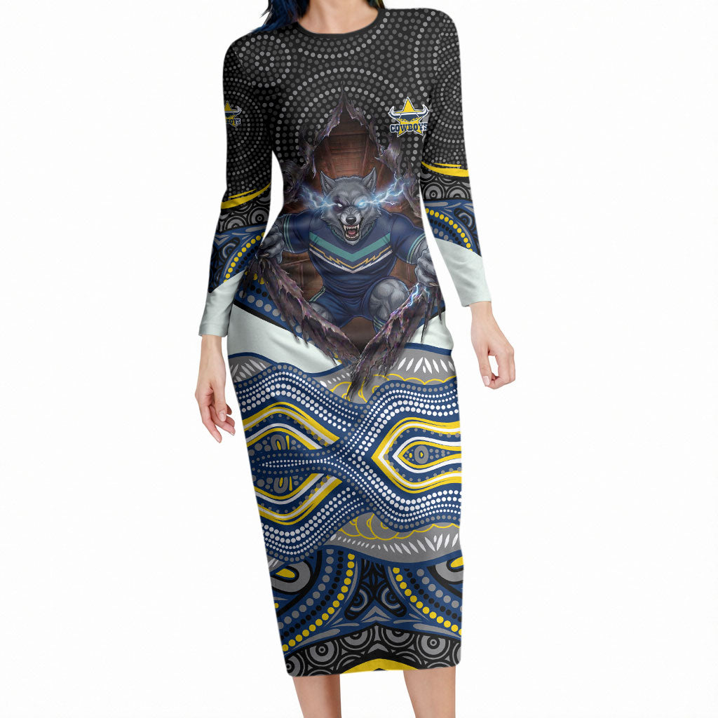 North Queensland Cowboys Long Sleeve Bodycon Dress The Scream of Lightning Eyes - Indigenous Dot Ripping Effect