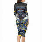 North Queensland Cowboys Long Sleeve Bodycon Dress The Scream of Lightning Eyes - Indigenous Dot Ripping Effect