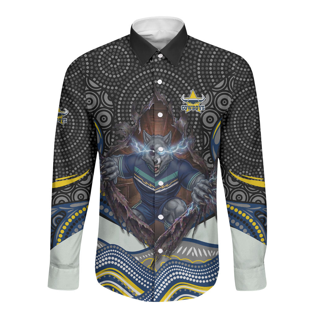 North Queensland Cowboys Long Sleeve Button Shirt The Scream of Lightning Eyes - Indigenous Dot Ripping Effect