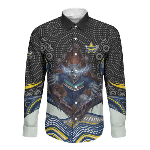 North Queensland Cowboys Long Sleeve Button Shirt The Scream of Lightning Eyes - Indigenous Dot Ripping Effect