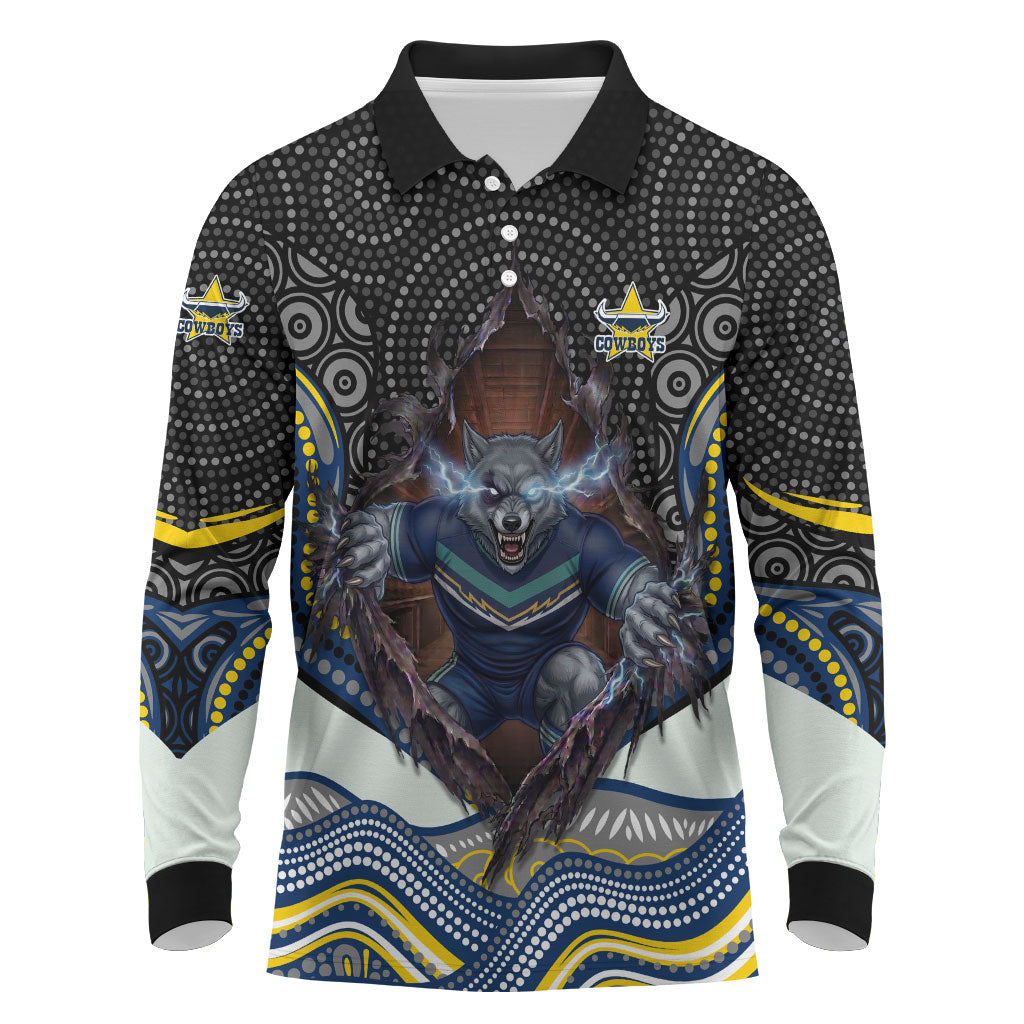 North Queensland Cowboys Long Sleeve Polo Shirt The Scream of Lightning Eyes - Indigenous Dot Ripping Effect
