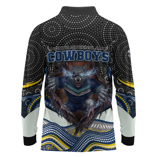 North Queensland Cowboys Long Sleeve Polo Shirt The Scream of Lightning Eyes - Indigenous Dot Ripping Effect