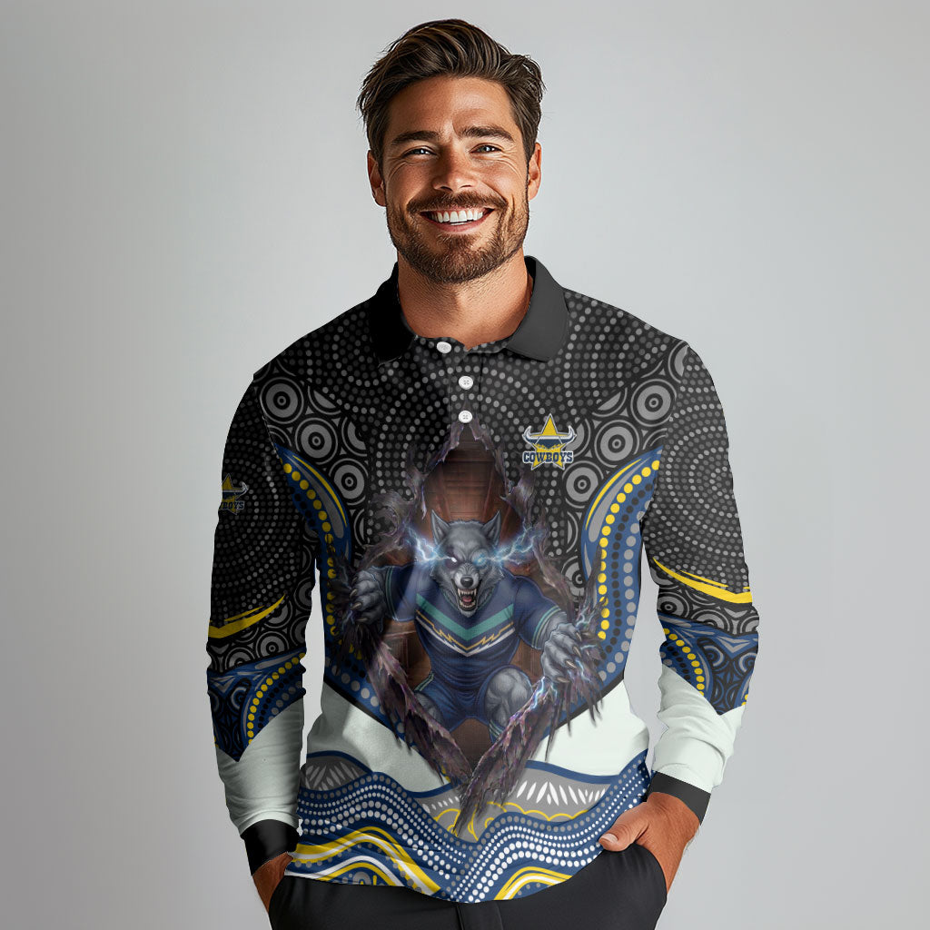 North Queensland Cowboys Long Sleeve Polo Shirt The Scream of Lightning Eyes - Indigenous Dot Ripping Effect