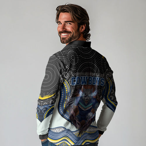 North Queensland Cowboys Long Sleeve Polo Shirt The Scream of Lightning Eyes - Indigenous Dot Ripping Effect