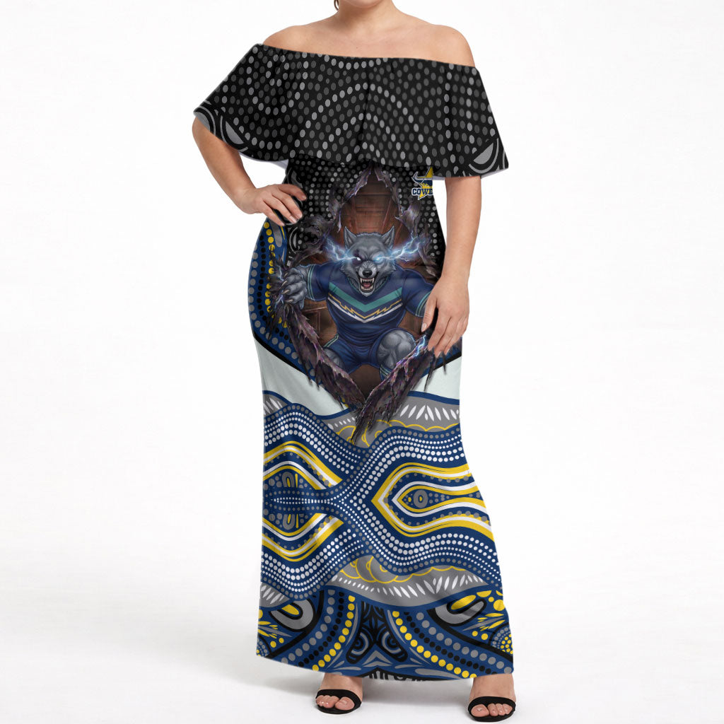 North Queensland Cowboys Off Shoulder Maxi Dress The Scream of Lightning Eyes - Indigenous Dot Ripping Effect