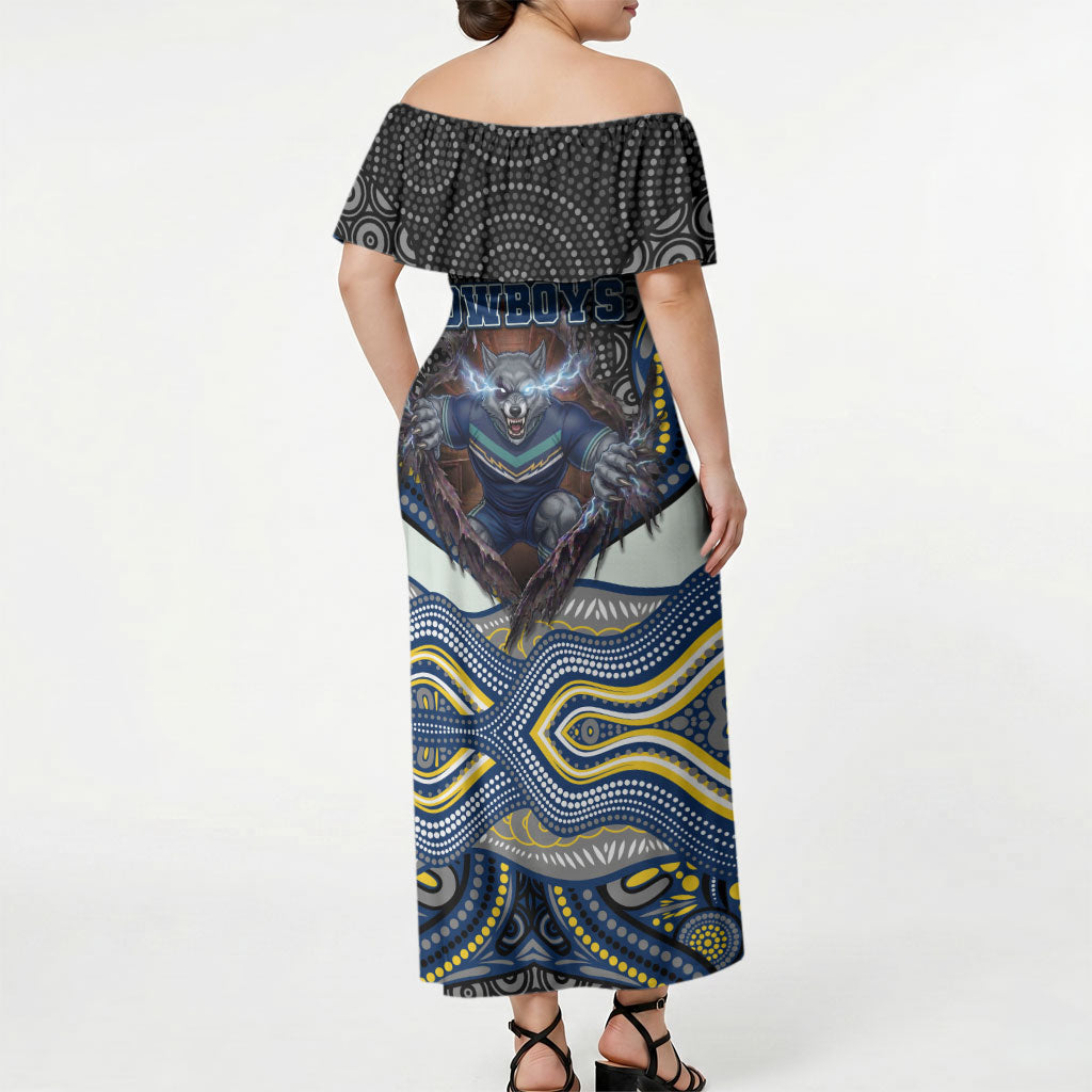 North Queensland Cowboys Off Shoulder Maxi Dress The Scream of Lightning Eyes - Indigenous Dot Ripping Effect